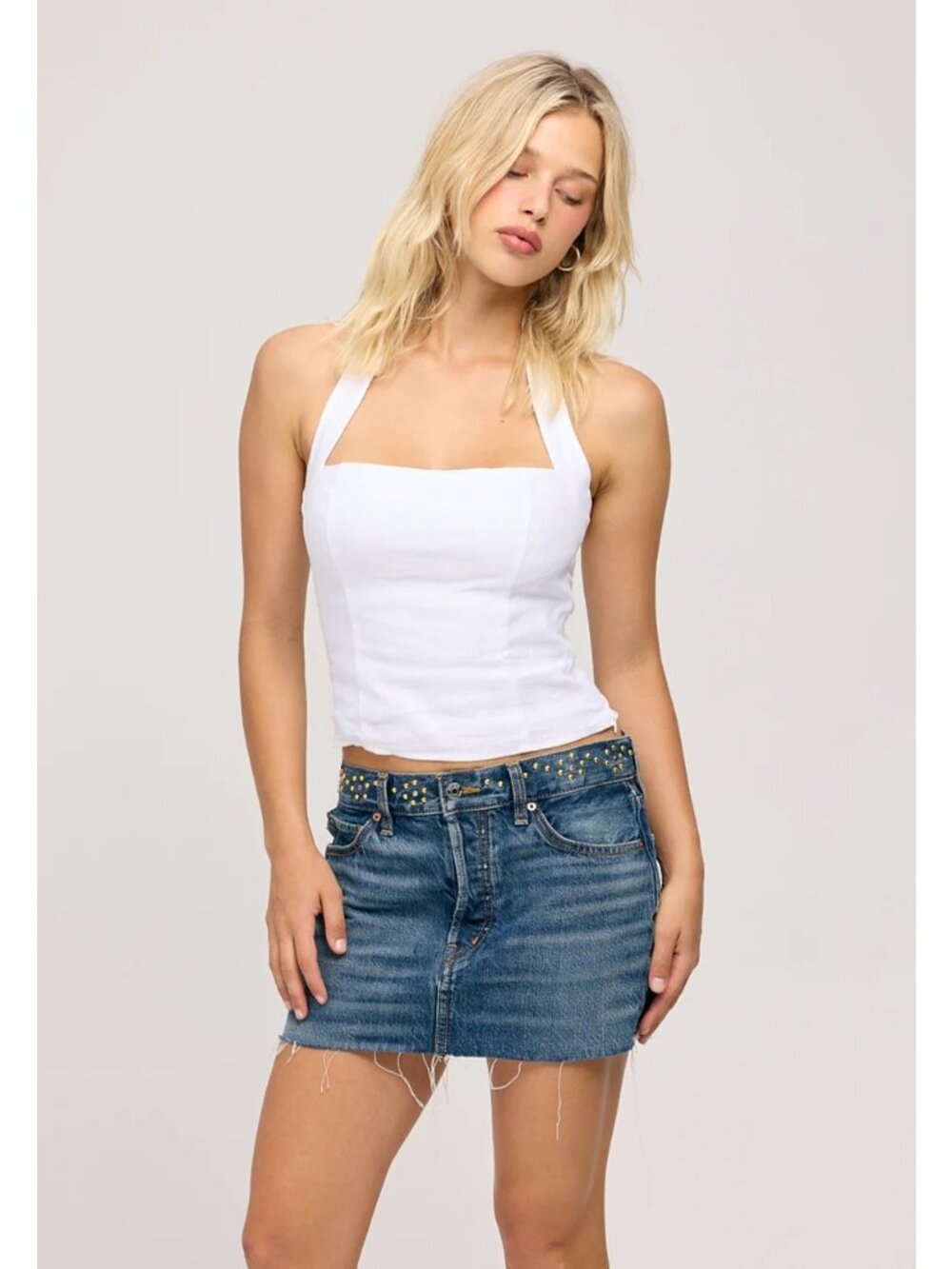 Ética Womens Denim Mini Skirt Blue Size 24 Organic Cotton Studded Frayed Hem New - Picture 4 of 15